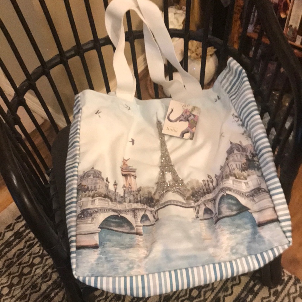 Paris Scene Glitter Eiffel Tote Bag - White/Blue NWT